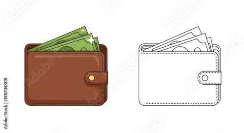 Open Leather Wallet with Cash and Outline Version
