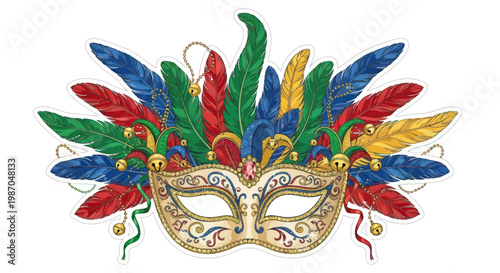 Ornate Venetian Mask with Colorful Feathers and Bells