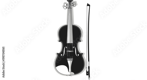 Violin and Bow Isolated on White Background, Classic Musical Instrument