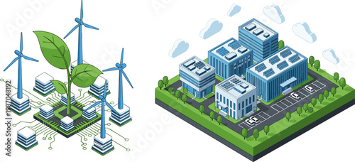 Isometric Vector Illustration of Wind Turbines with Green Energy Concept and a Sustainable Eco-Friendly City for Renewable Energy and Urban Development