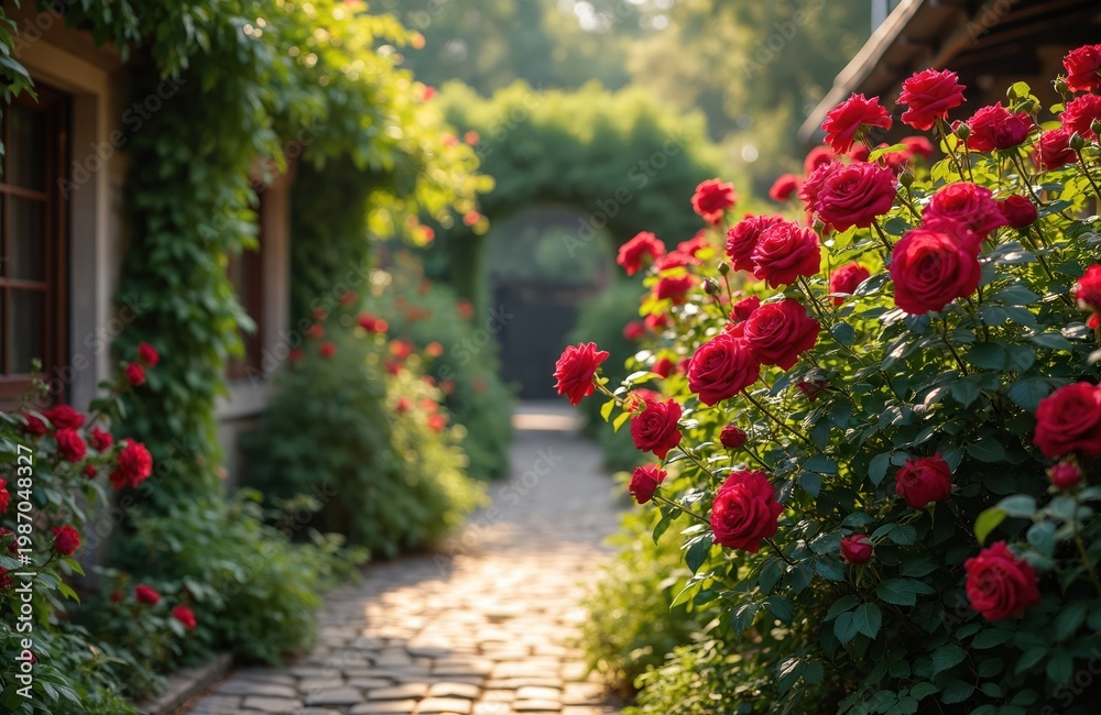 Fototapeta premium Red roses bloom beside stone path in sunny garden. Green ivy climbs building. Gentle light illuminates romantic floral walkway in summer. Peaceful outdoor nature scene.