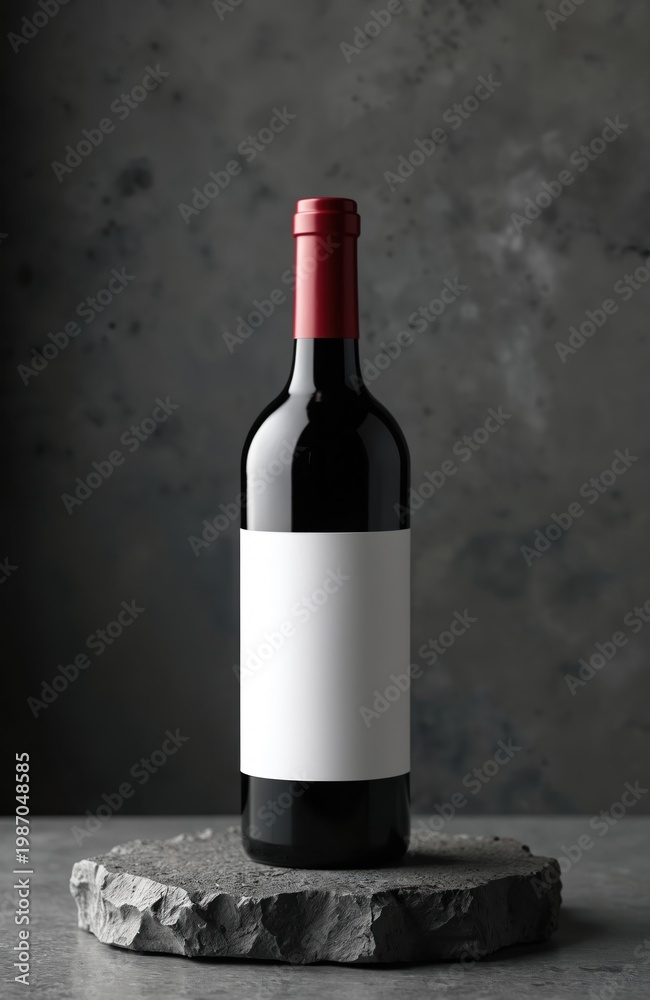 Fototapeta premium Minimalist red wine bottle with blank white label rests on rough stone. Dark textured background highlights clean design for branding mockups and product presentations.