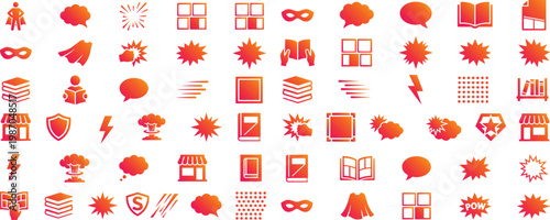 Superhero Comic Icons Set with Action Burst Speech Bubbles Reading Books Cape Mask Symbols Cartoon Pop Art Vector Collection Design Pack