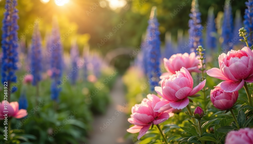 Obraz premium Garden path lined with pink peonies and blue delphiniums. Sun shines through green trees creating soft light. Rich floral landscape in summer season. Romantic natural outdoor setting.