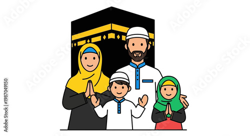 Muslim family in prayer together.
