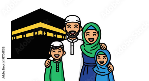 Muslim family in traditional clothing smiling.