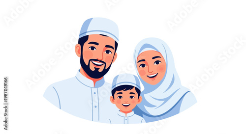 Muslim family in traditional clothing smiling.