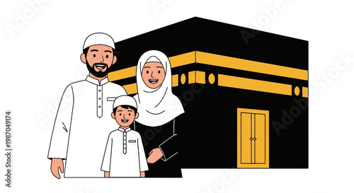 Muslim family in traditional clothing standing.