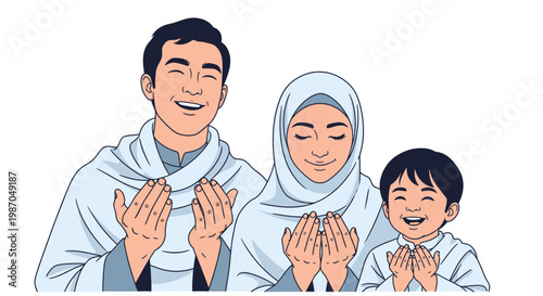 Muslim Family Praying Together Smiling.