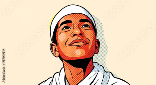 Young man wearing white headband.