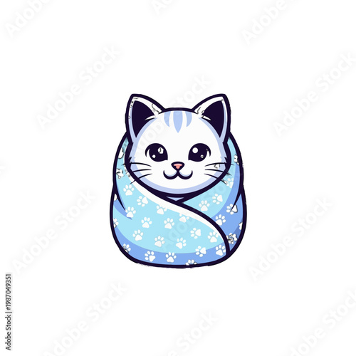 Cute cartoon cat wrapped in blanket.