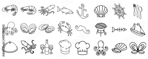 Hand Drawn Seafood and Nautical Restaurant Icon Set