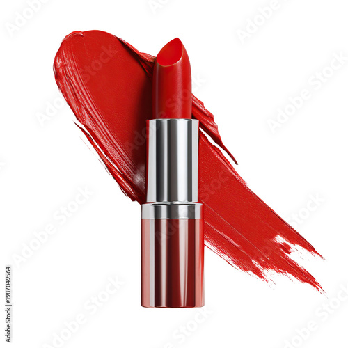 A red lipstick with a silver case on transparent background