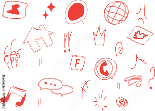 collection of hand-drawn red doodle elements and symbols. 
