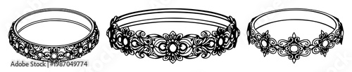 Silver bracelet set with intricate black line art on white background featuring jewelry, fashion accessory, decorative element with gold touch and ornamental design