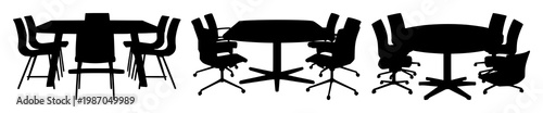 Meeting table set with office chairs and conference room furniture featuring teamwork, collaboration, discussion with corporate and business elements