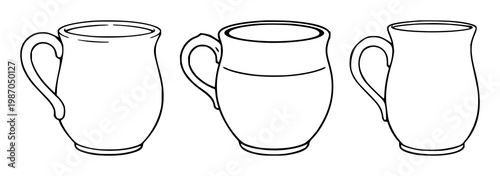 Pottery mug set with simple line art design featuring hand-thrown, ceramic, earthenware with thumb rest and handmade details