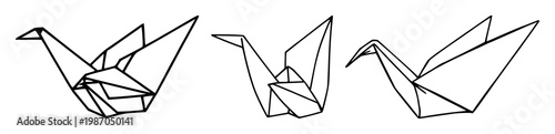 Origami crane set with geometric black line art depicting folded paper featuring origami, crane, geometry with minimalist and silhouette