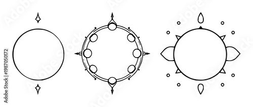 Tarot card set with celestial line art design featuring moon phases, astrology, mystic with black line and white background
