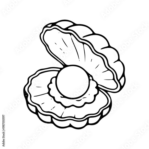 Line Art Illustration of an Open Oyster Shell with a Pearl