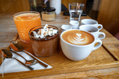 Wallpaper Mural Cappucino, orange lemonade, mousse chocolate, glass of water and three small cup. Torontodigital.ca