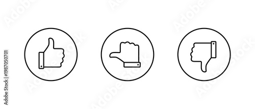 Thumbs up, sideways, and down outline icon in circular line. Like, neutral, and dislike symbol