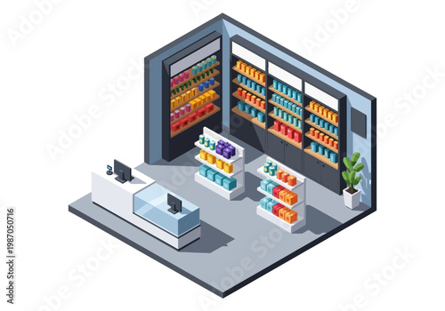 Isometric view of a well-stocked convenience store with shelves filled with various products and a checkout counter