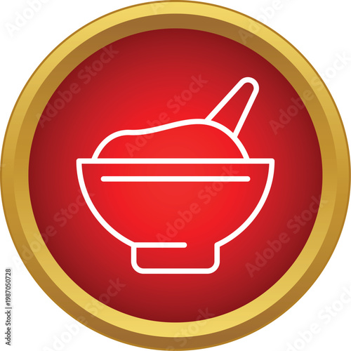 Mortar and pestle grinding ingredients in a vibrant red and gold circle icon