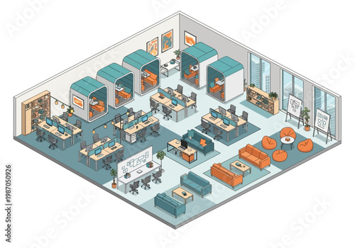 Modern co-working space with individual pods, collaborative zones, and comfortable seating areas for productive work