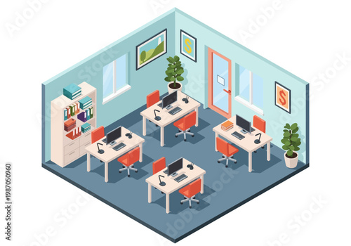 Modern isometric office interior with cubicles, desks, computers, and plants, offering a professional workspace environment