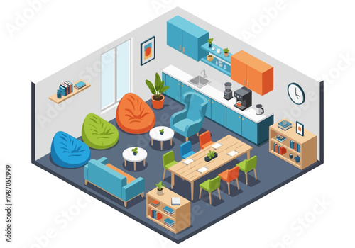 Modern office break room with comfortable seating, a communal table, and a kitchenette for relaxation and collaboration