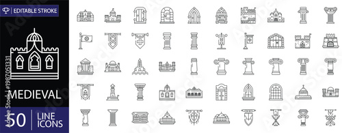 Medieval icons set. Includes symbols of castles, knights, swords, shields, crowns, and ancient architecture. Editable stroke. Vector illustration. Outline icons.