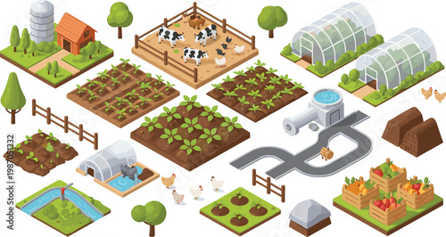 Isometric Agriculture and Smart Farm Icon Set Featuring Greenhouse, Crop Fields, Livestock, Irrigation Systems, and Fresh Produce for Modern Organic Farming Designs