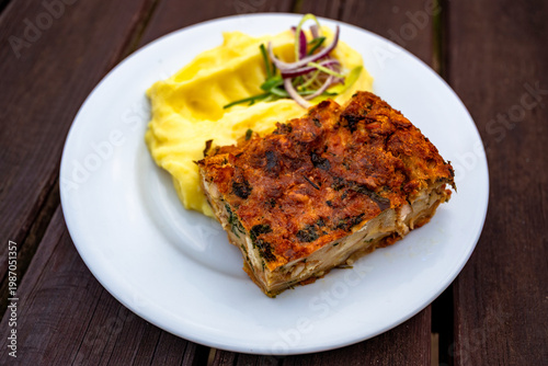 Wallpaper Mural Mashed potato and festive easter stuffing with spinach, bear garlic and green herb on white plate. Torontodigital.ca