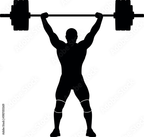 Strong muscular weightlifter silhouette lifting heavy barbell overhead in gym fitness workout vector illustration for sports and bodybuilding powerlifting design