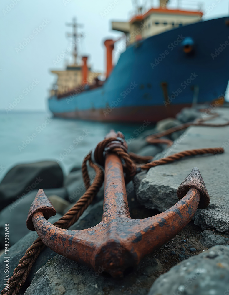 Fototapeta premium Rusty ship anchor rests on coastal rocks near a docked cargo vessel. Maritime object symbolises strength stability ocean transport and history. Nautical scene.
