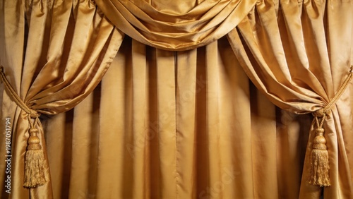  features a pair of elegant, gold-colored curtains with a luxurious sheen, hanging symmetrically. Each curtain is gathered and tied