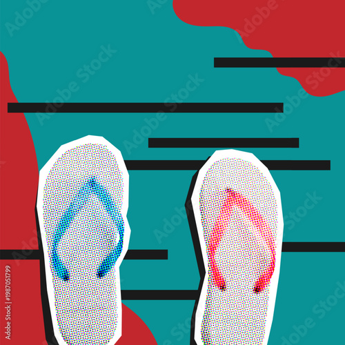 Summer flip-flops halftone grunge texture collage element,vintage pop art paper cutout sticker