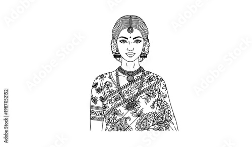 Elegant Indian woman portrait in traditional sari with ornamental patterns cultural beauty vector illustration