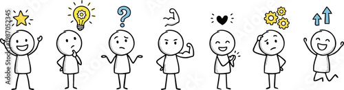 Stick Figure Characters Set with Success, Idea, Question, Strength, Love, Thinking and Growth Concept — Cute Doodle People Collection with Emotion and Motivation Symbols