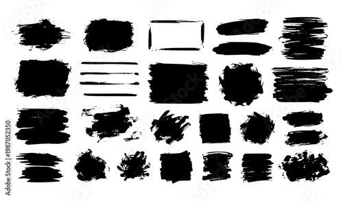 Canvastavla Black grunge ink brush stroke vector set with paint swashes frames and textured