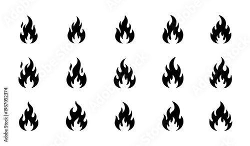 Flame silhouette vector set with black fire icons and simple abstract burning shapes collection