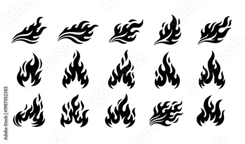 Dynamic flame effect silhouette vector set with abstract fire motion shapes and energy elements