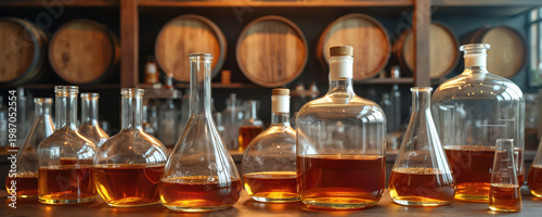 Glass flasks and bottles hold amber liquid with wooden barrels in background. Alcohol beverage production testing laboratory. Quality control and refinement process.