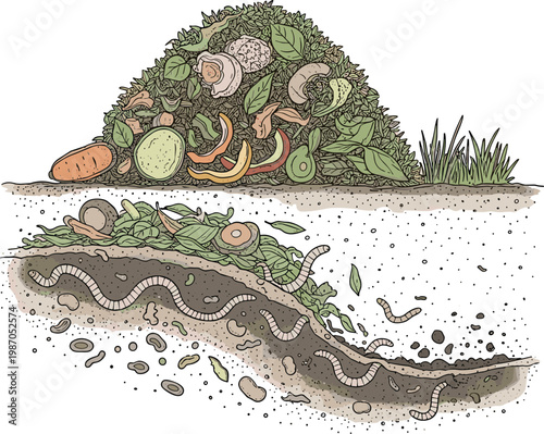 Organic Compost Pile and Vermicompost Vector Illustration Featuring Food Scraps, Earthworms, and Soil Layers for Sustainable Gardening, Recycling, and Ecology Education Designs