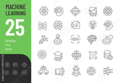 Machine Learning Line Editable Icons set. Vector illustration in a modern thin line style of technology related icons: artificial intelligence, chatbot, text recognition, and more. Isolated on backgr