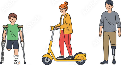 People with Disabilities Using Crutches, Prosthetic Leg, and Electric Scooter, Inclusive Lifestyle and Accessibility Concept Flat Vector Illustration Collection