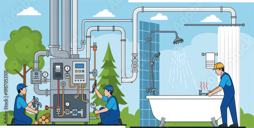 Plumbing System Installation and Repair Illustration with Water Pipes, Bathroom Shower Setup, Maintenance Workers, and Home Utility Service Vector Design