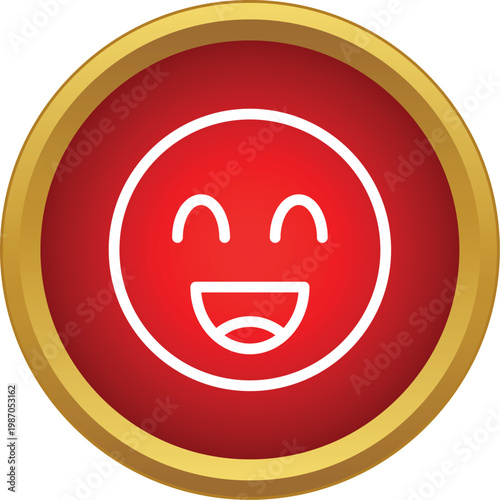 Laughing emoji with closed eyes and wide mouth on a red button with gold border