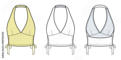 Halter Ruched Crop Top technical fashion illustration. halter neck top vector template. front view. deep v neckline. ruched bust. drawstring side tie. cropped fit. women’s wear. CAD mockup.